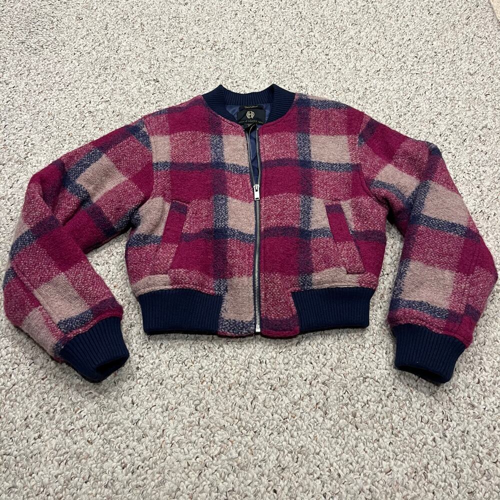 House of Harlow Plaid Wool Blend Quilted Bomber Jacket Sz XS Pink Feminine